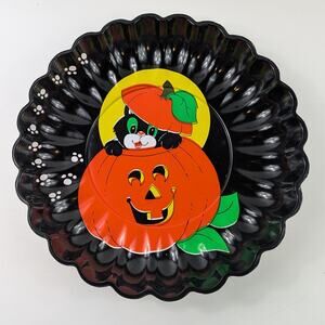 Vintage Halloween Candy Bowl Dish Black Cat Jack O Lantern Pumpkin Plastic 9.5"